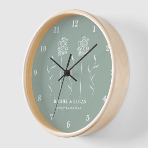 Reloj Pared floral rizada minimalista verde salvia