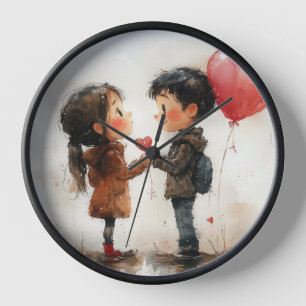 Reloj Pareja de acuarela adorable corazón globo aerostát