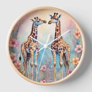 Reloj Pareja de Jirafas en un Jardín Pastel