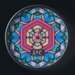 Reloj Parejas Vidrio Azul Art Deco Vintage<br><div class="desc">Estilo vintage tomado de la época dorada del Art Deco,  con vitrales de textura azul y manchas alrededor de un espacio decorativo de color rosa central. Puedes añadir las iniciales/los mongramas de una pareja para completar este diseño romántico ideal para bodas o nuevos regalos en casa.</div>