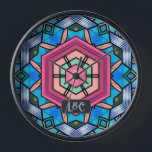 Reloj Parejas Vidrio Azul Art Deco Vintage<br><div class="desc">Estilo vintage tomado de la época dorada del Art Deco,  con vitrales de textura azul y manchas alrededor de un espacio decorativo de color rosa central. Puedes añadir las iniciales/los mongramas de una pareja para completar este diseño romántico ideal para bodas o nuevos regalos en casa.</div>