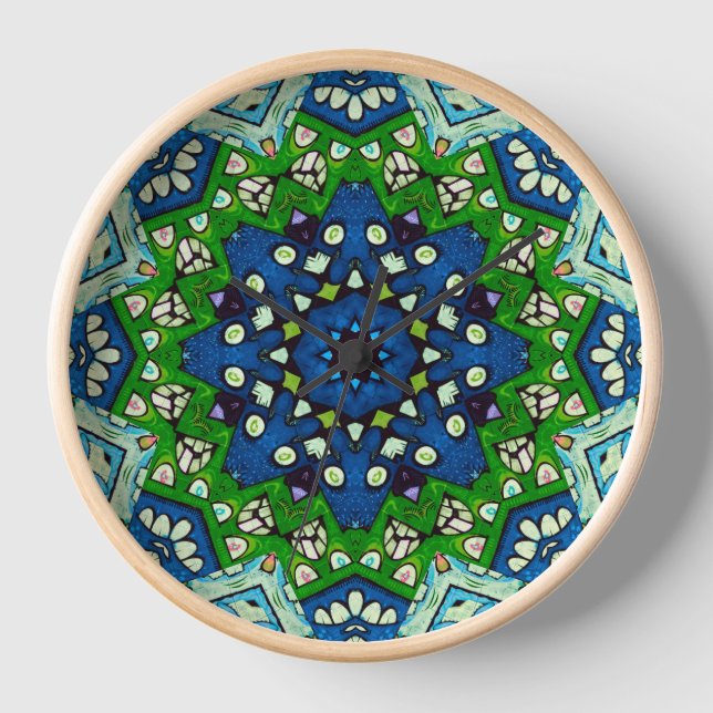 Reloj Patrón azul verde retro mosaico de Mandala (Anverso)