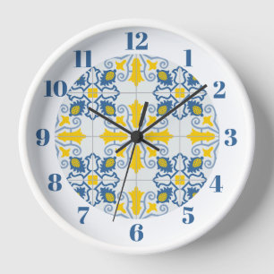 Reloj Patrón de azulejos azules y amarillos en portugués