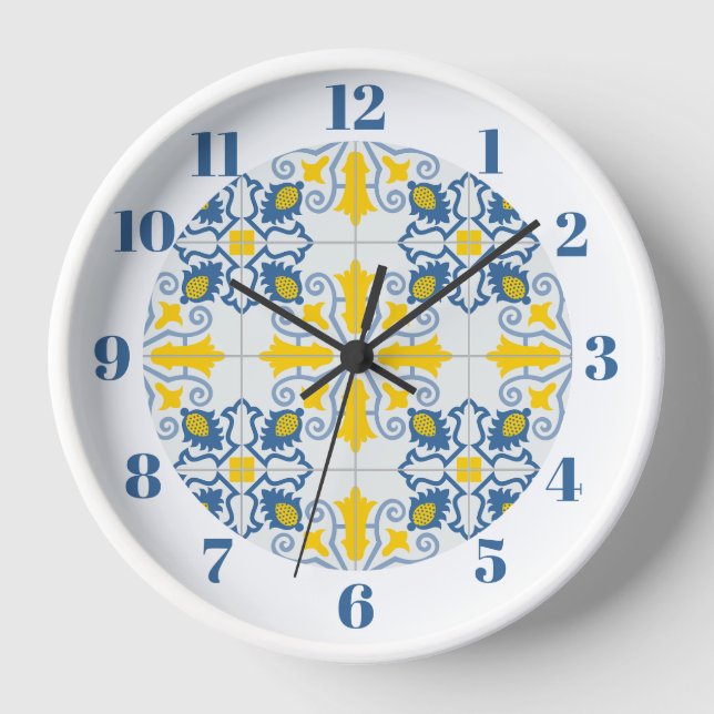 Reloj Patrón de azulejos azules y amarillos en portugués (Anverso)