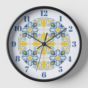 Reloj Patrón de azulejos azules y amarillos en portugués