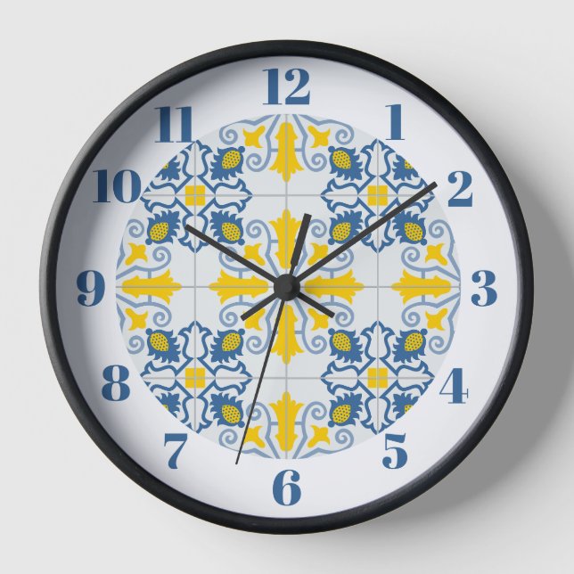 Reloj Patrón de azulejos azules y amarillos en portugués (Anverso)