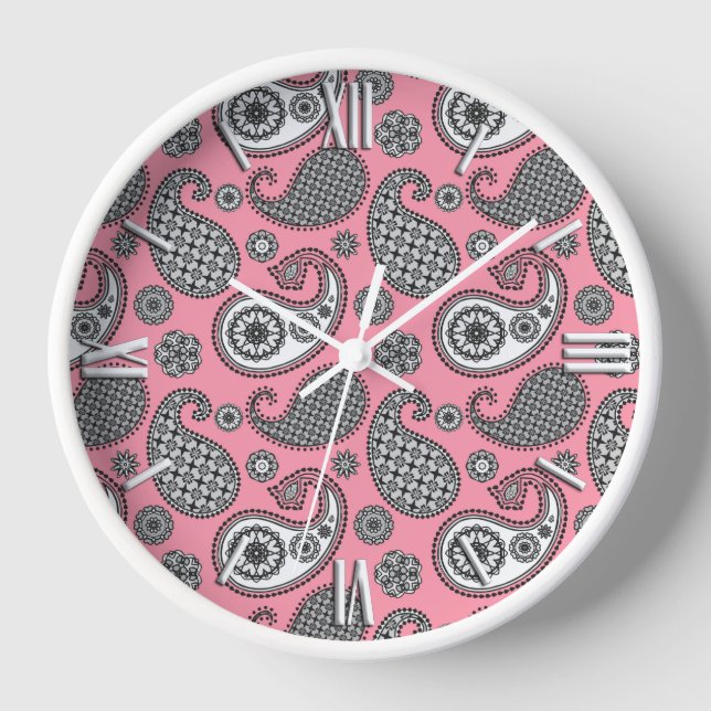 Reloj patrón de cachemira, tonos de gris sobre rosa (Anverso)