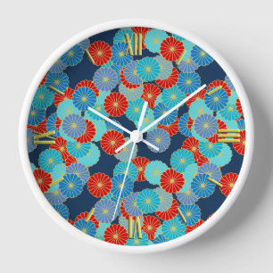 Reloj Patrón de flores Art Decó - azul, turquesa y rojo