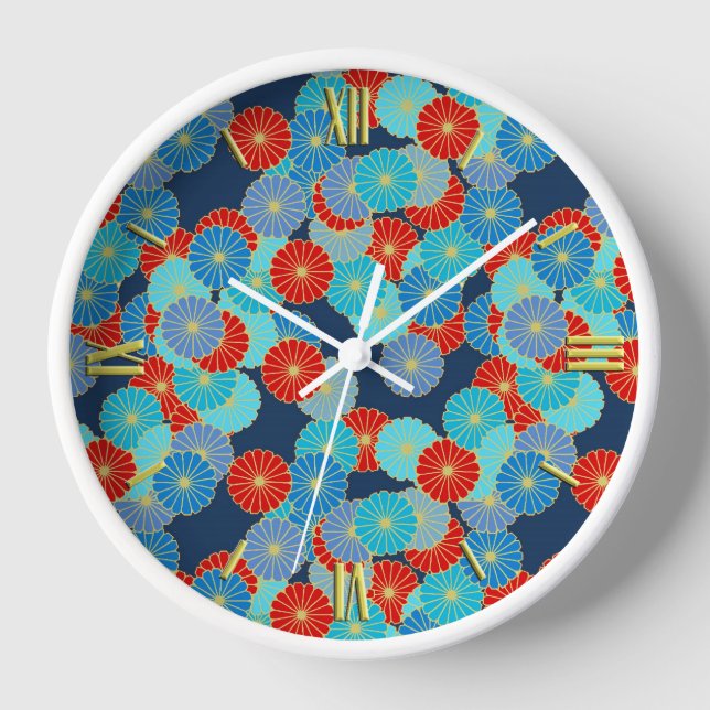 Reloj Patrón de flores Art Decó - azul, turquesa y rojo (Anverso)
