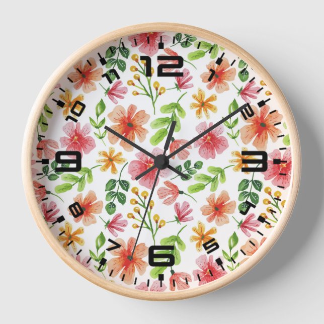 Reloj Patrón de flores rosas acuarela-69677 (Anverso)