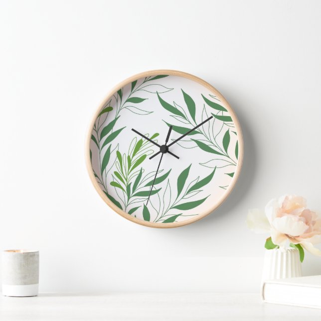 Reloj Patrón De Foliage De Verdor Elegante Verde Y Blanc (Hogar)