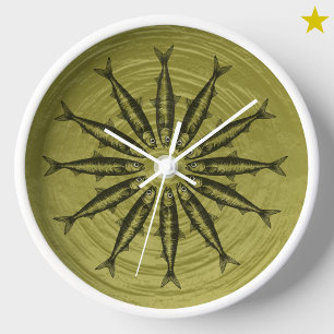 Reloj Patrón de fondo de dibujo de sardina amarilla