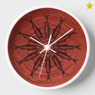 Reloj Patrón de fondo de dibujo de sardina roja