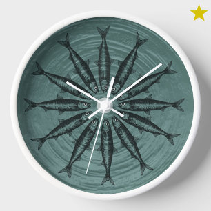 Reloj Patrón de fondo de dibujo de sardina verde azulada