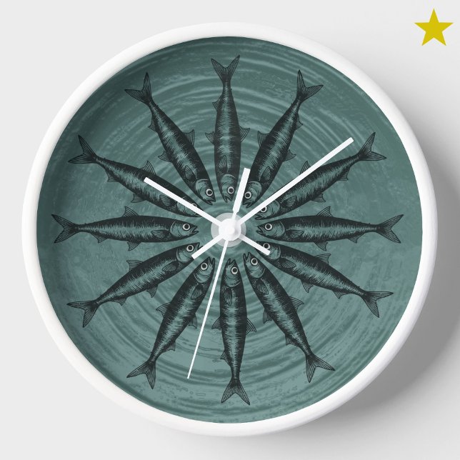Reloj Patrón de fondo de dibujo de sardina verde azulada (Subido por el creador)