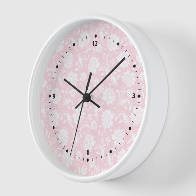 Reloj Patrón elegante blanco y rosa pálido de damasco fl (Ángulo)