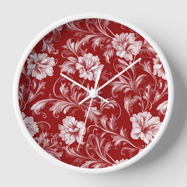 Reloj Patrón floral barroco monocromático, blanco sobre  (Anverso)