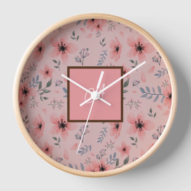 Reloj Patrón simple de flor rosa Boho Monograma de cosec (Anverso)