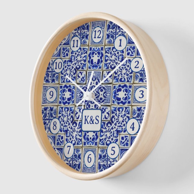 Reloj Pequeños azulejos azules y blancos - Clásica China (Ángulo)