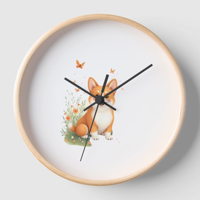 Reloj Perro Akita con flor y camiseta con mariposa (Anverso)