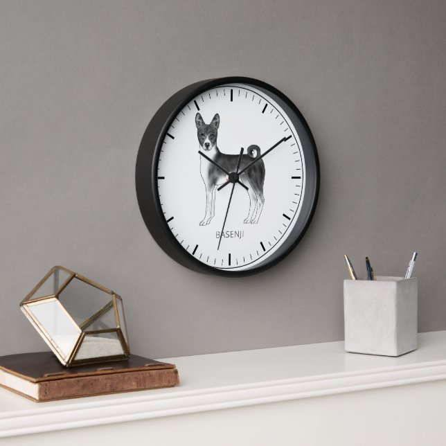 Reloj Perro Basenji Lindo en Negro y Blanco & Texto Pers (Oficina)