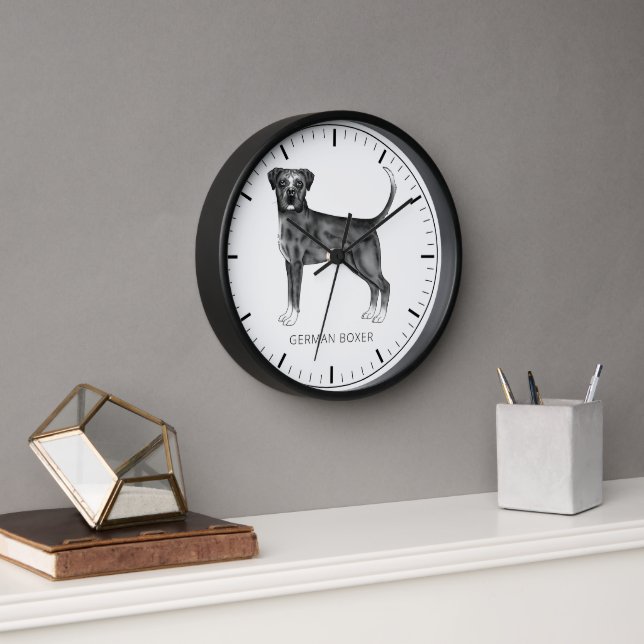 Reloj Perro Boxer Alemán en Blanco y Negro & Texto Perso (Oficina)