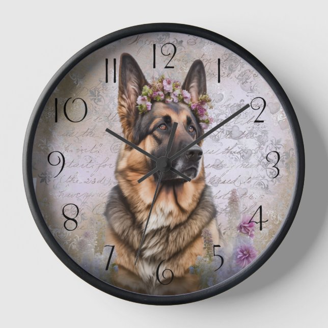 Reloj Perro Floral de Pastor Alemán (Anverso)