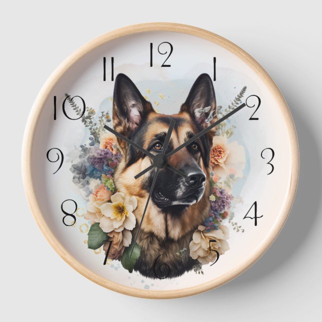 Reloj Perro Floral de Pastor Alemán (Anverso)