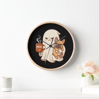Reloj Perro francés fantasma gruñón sosteniendo café Esp