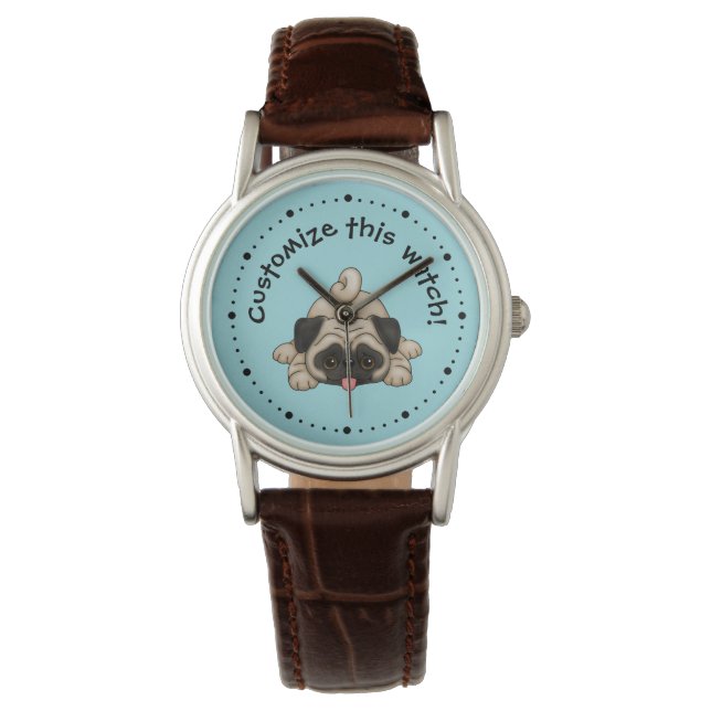 Reloj personalizado de pug pug juguetón (Anverso)