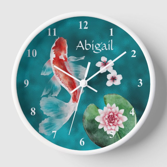 Reloj Pescado japonés de Koi personalizado y flores de c (Anverso)