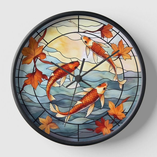 Reloj Pescado japonés de Koi y hojas de otoño (Anverso)