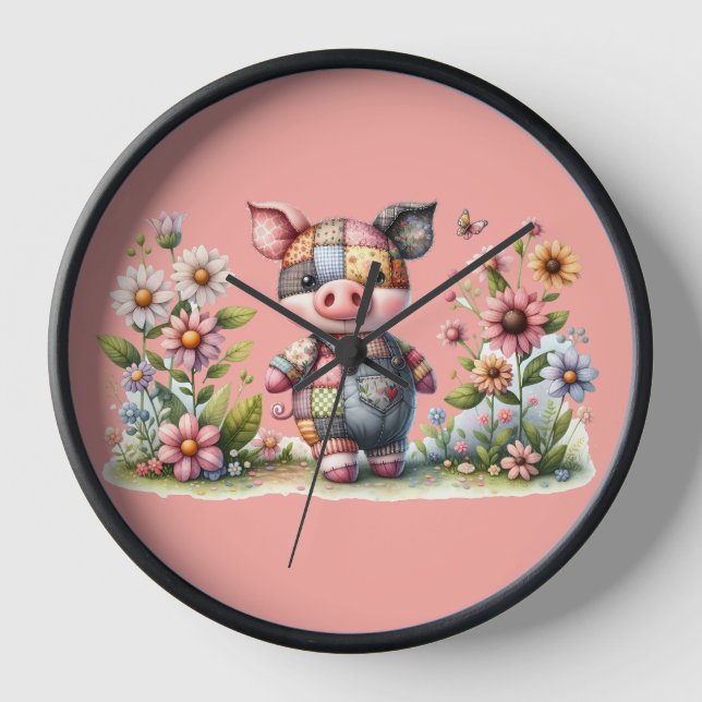 Reloj Piglet de patchwork lindo en jardín floral (Anverso)