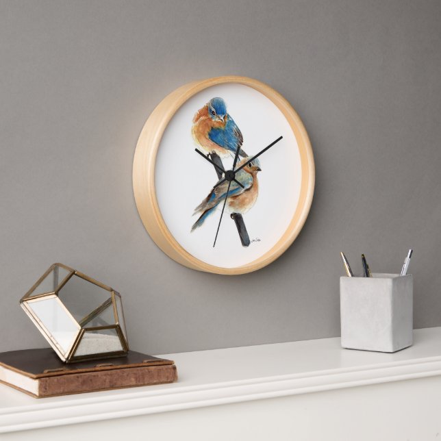 Reloj Pintura de acuarela de la pareja de pájaros azules (Oficina)