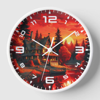 Reloj Pintura de atardecer con cabaña y lago-66633