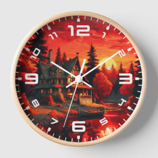 Reloj Pintura de atardecer con cabaña y lago-66633