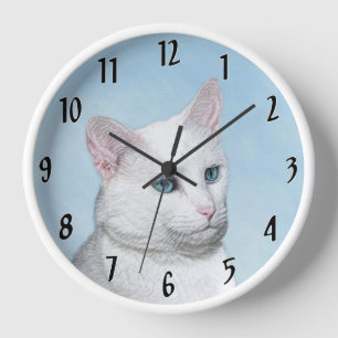 Reloj Pintura de gato blanco - Arte de gato original lin