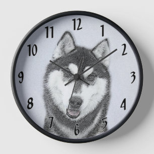 Reloj Pintura de perro de lobo siberiano (negro y blanco