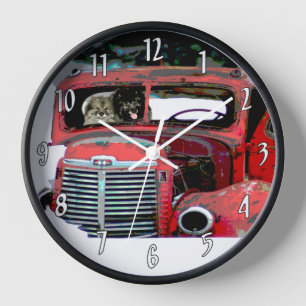 Reloj Pintura de perro Keeshond Navidad Camión Antiguo A