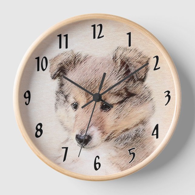 Reloj Pintura Original de Cachorro de Pastor de Shetland (Anverso)