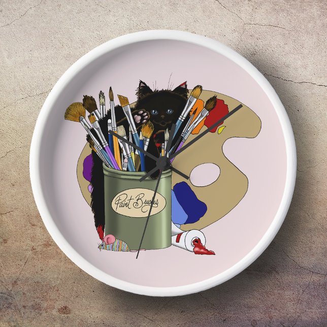 Reloj Pintura Pinceles Pallet Artista de Gatitos Negros (Subido por el creador)