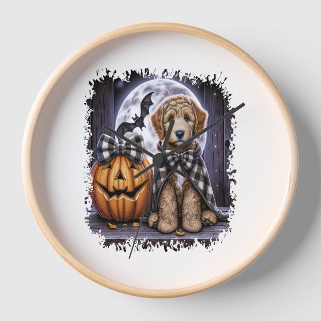 Reloj Plaza de Halloween del perro Labradoodle (Anverso)