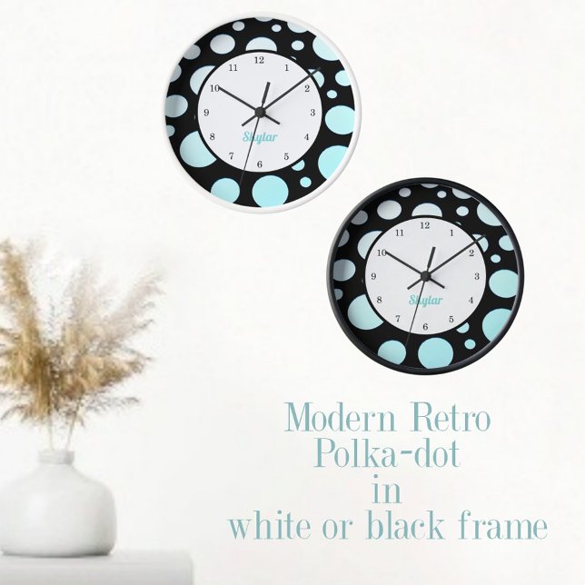 Reloj Polka retro moderno con puntos azul blanco y negro (Subido por el creador)