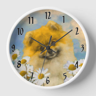 Reloj Pomerania en margaritas pintura - Arte original de