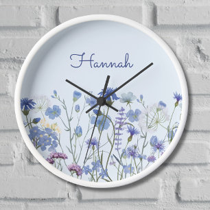 Reloj Pradera de flores silvestres en acuarela azul mono