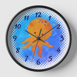 Reloj Pulpo de dibujos animados adorable con fondo de ac