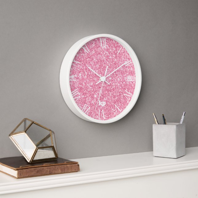 Reloj Purpurina rosa Faux números romanos blancos (Oficina)