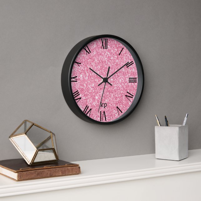 Reloj Purpurinas de imitación rosa números romanos negro (Oficina)