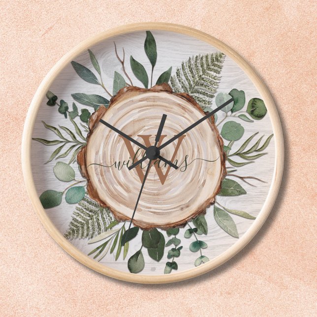 Reloj Rebanada de madera rústica de acuarela con monogra (In situ wall)