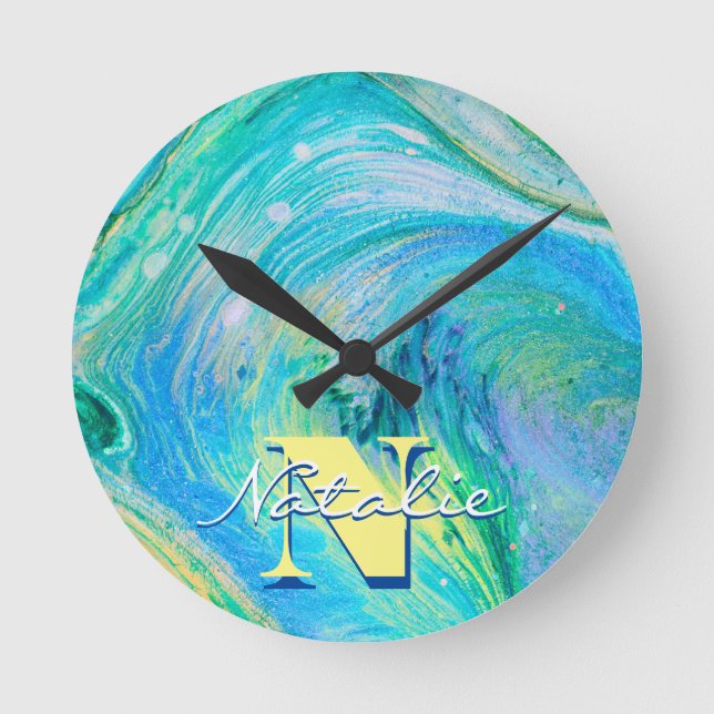 Reloj redondo de arte acuático azul Aqua (Anverso)